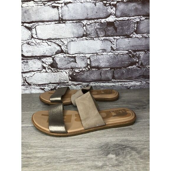 Sorel Taupe Suede Gold Leather Slides Sandals Women Sz 8.5M US/39.5EU - Picture 10 of 16